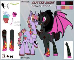 Size: 4100x3300 | Tagged: safe, artist:koatei, oc, oc only, oc:glitter shine (ice1517), oc:night rose (ice1517), alicorn, bat pony, bat pony alicorn, unicorn, alicorn oc, commission, cross, cute, eyebrow piercing, female, glasses, goth, hug, lesbian, mare, oc x oc, one eye closed, piercing, pigtails, red and black oc, redesign, reference sheet, shipping, smiling, tattoo, tongue out, tongue piercing, twintails, wing piercing, wink