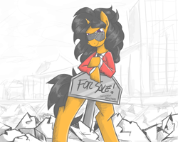 Size: 1200x960 | Tagged: safe, artist:flutterthrash, oc, oc only, pony, semi-anthro, unicorn, black hair, black mane, clothes, commission, female, for sale, glasses, mare, megadeth, ponified, ponified album cover, sign, solo, standing, suit