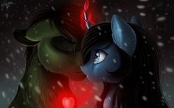 Size: 1024x640 | Tagged: safe, artist:das_leben, oc, oc only, pony, unicorn, black mane, blue coat, blue eyes, crying, eyes closed, female, green coat, heart, magic, male, mare, shipping, snow, snowfall, stallion, straight