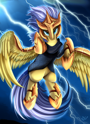 Size: 2550x3509 | Tagged: safe, artist:pridark, oc, oc only, pegasus, pony, armor, chainmail, clothes, commission, lightning, looking at you, mask, solo, warrior