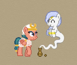 Size: 504x428 | Tagged: safe, artist:verve, somnambula, oc, oc:jinn, earth pony, genie pony, pegasus, pony, daring done?, armband, ask genie twilight, bottle, female, genie, headband, mare, pixel art, raised hoof