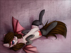 Size: 1938x1444 | Tagged: safe, artist:kilamuri, oc, oc only, oc:bunny tyan, pony, bat wings, clothes, on back, socks, solo