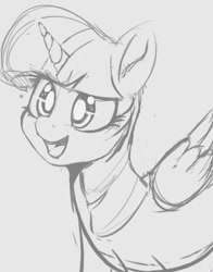 Size: 489x624 | Tagged: safe, artist:tre, twilight sparkle, twilight sparkle (alicorn), alicorn, pony, female, grayscale, mare, monochrome, open mouth, simple background, sketch, smiling, solo