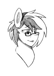 Size: 1280x1778 | Tagged: safe, artist:denzel, oc, oc only, oc:camellia sky, pegasus, pony, black and white, bust, female, glasses, grayscale, hairband, monochrome, open mouth, portrait, wrinkles