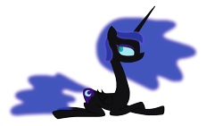 Size: 2048x1152 | Tagged: safe, artist:moonatik, derpibooru exclusive, nightmare moon, alicorn, crossed legs, ethereal mane, looking back, lying down, simple background, slit eyes, solo, transparent background, wip