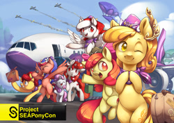 Size: 1697x1200 | Tagged: safe, artist:xennos, apple bloom, sweetie belle, oc, oc:indonisty, oc:kwankao, oc:pearl shine, oc:rosa blossomheart, oc:temmy, alicorn, earth pony, pegasus, pony, unicorn, aircraft, airport, alicorn oc, cute, female, filly, group, indonesia, malaysia, mare, mascot, nation ponies, philippines, ponified, project seaponycon, singapore, smiling, thailand