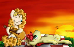 Size: 2808x1808 | Tagged: safe, artist:supermoix, bright mac, pear butter, bird, pony, the perfect pear, acoustic guitar, applejack's parents, brightbutter, cowboy hat, female, grass, hat, husband and wife, male, one eye closed, sitting, stetson, sunset
