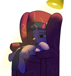 Size: 1030x1116 | Tagged: safe, artist:neuro, twilight sparkle, pony, unicorn, triple threat, chair, lamp, scene interpretation, simple background, solo, that pony sure does love chairs
