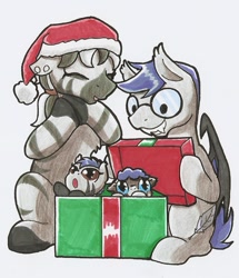 Size: 834x970 | Tagged: safe, artist:ravenpuff, oc, oc only, oc:haas, oc:ibrida, oc:solitaire, hybrid, pony, baby, baby pony, box, christmas, female, glasses, hat, holiday, male, oc x oc, offspring, pony in a box, present, santa hat, shipping, stallion, straight, traditional art, zebat