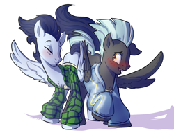 Size: 2690x2100 | Tagged: safe, artist:heyerika, soarin', thunderlane, pony, blushing, butt bump, butt to butt, butt touch, clothes, dancing, floppy ears, gay, male, shipping, simple background, soarilane