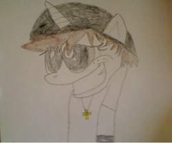 Size: 453x376 | Tagged: safe, oc, oc only, oc:sunray shadow, pony, unicorn, beanie, cross, drawing, freckles, grin, hat, horn, jewelry, male, necklace, nervous, smiling, traditional art