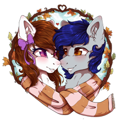 Size: 2666x2584 | Tagged: safe, artist:serenity, derpibooru exclusive, oc, oc only, oc:scratche aux, oc:serenity, autumn, auxenity, bow, clothes, cute, female, heart, imminent kissing, leaves, looking at each other, male, oc x oc, romantic, scarf, shared clothing, shared scarf, shipping, straight, wingding eyes