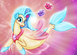 Size: 1600x1131 | Tagged: safe, artist:jotakaanimation, princess skystar, seapony (g4), my little pony: the movie, blue eyes, blue mane, blue tail, cute, digital art, dorsal fin, female, fin wings, fins, fish tail, flower, flower in hair, flowing mane, flowing tail, freckles, glow, happy, ocean, open mouth, pearl necklace, seaquestria, see-through, shelldon, shelly, smiling, solo, sparkles, swimming, tail, underwater, water, watermark, wings