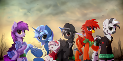 Size: 7000x3500 | Tagged: safe, artist:avastin4, oc, oc only, oc:fast times, oc:platinum glitter, oc:princess jade, oc:valkyrie bloodtail, oc:witching hour, oc:zed, alicorn, bat pony, earth pony, griffon, pony, zebra, fallout equestria, fallout equestria: commonwealth, alicorn oc, artificial alicorn, bat pony oc, bat wings, blank flank, blue alicorn (fo:e), dead tree, eyes closed, fallout 4, fanfic, fanfic art, fangs, female, filly, foal, group photo, gun, handgun, high res, hooves, horn, lying down, magic, male, mare, open mouth, pipbuck, pistol, prone, sitting, stallion, standing, tree, wasteland, weapon, wings