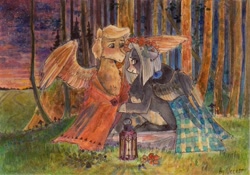 Size: 2103x1468 | Tagged: safe, artist:zlatavector, oc, oc only, oc:kate braxton, oc:razor sharp, pegasus, pony, blanket, blushing, female, forest, kazor, lamp, male, mare, sunset, traditional art, wreath