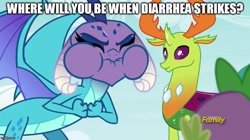 Size: 888x499 | Tagged: safe, edit, edited screencap, screencap, princess ember, spike, thorax, changedling, changeling, dragon, triple threat, caption, eyes closed, image macro, king thorax, meme, smiling