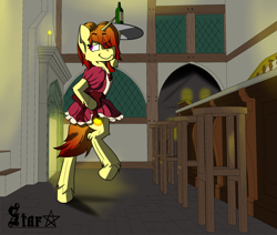 Size: 3377x2857 | Tagged: safe, artist:starrypallet, oc, oc only, semi-anthro, bipedal, clothes, dress, fireplace, night, solo, tavern, waitress