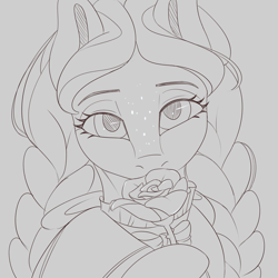 Size: 3600x3600 | Tagged: safe, artist:askamberfawn, oc, oc only, oc:dahlia, crystal pony, pony, braid, clothes, dress, female, flower, freckles, looking at you, mare, monochrome, rose, sketch, solo