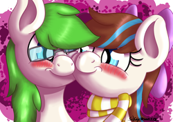 Size: 3508x2480 | Tagged: safe, artist:clayman778, oc, oc only, oc:bing, oc:breezy, pony, bingzy, clothes, cute, duo, looking at each other, scarf, simple background, snuggling