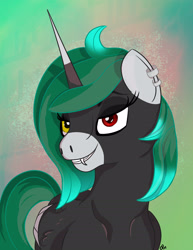 Size: 1275x1650 | Tagged: safe, artist:overlord pony, oc, oc only, alicorn, abstract background, alicorn oc, commission, ear piercing, earring, female, happy, heterochromia, jewelry, looking at you, mare, piercing, smiling, solo