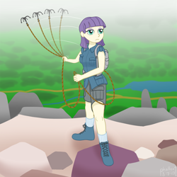Size: 1500x1500 | Tagged: safe, artist:phallen1, maud pie, human, atg 2017, backpack, boots, clothes, female, grappling hook, humanized, light skin, mountain, newbie artist training grounds, rolled up sleeves, shoes, shorts, socks, solo