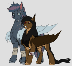 Size: 3018x2767 | Tagged: safe, artist:theecchiqueen, oc, oc only, oc:octavus, oc:orpheus, bat pony, bandage, bat pony oc, couple, fangs, gay, male, oc x oc, scar, shipping, simple background, size difference, smiling, stallion