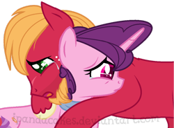 Size: 784x580 | Tagged: safe, artist:ipandacakes, big macintosh, sugar belle, earth pony, pony, unicorn, female, hug, male, mare, shipping, simple background, stallion, story included, straight, sugarmac, transparent background