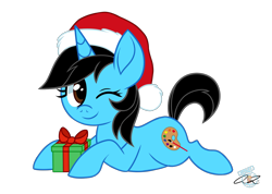 Size: 1534x1090 | Tagged: safe, artist:iheartjapan789, oc, oc only, pony, unicorn, christmas, female, hat, holiday, mare, one eye closed, present, santa hat, simple background, solo, transparent background, wink