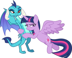 Size: 6000x4882 | Tagged: safe, artist:magister39, princess ember, twilight sparkle, twilight sparkle (alicorn), alicorn, dragon, triple threat, absurd resolution, hug, implied emberlight, simple background, this will end in snu snu, transparent background, vector