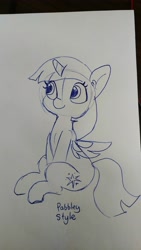 Size: 2340x4160 | Tagged: safe, artist:tjpones, twilight sparkle, twilight sparkle (alicorn), alicorn, pony, ear fluff, lineart, monochrome, sitting, solo, style emulation, traditional art