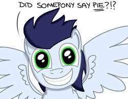 Size: 540x420 | Tagged: safe, artist:hoofclid, soarin', pegasus, pony, cute, dialogue, grin, happy, looking at you, male, pie, simple background, smiling, soarin' fuel, soarinbetes, solo, spread wings, stallion, that pony sure does love pies, white background, wingboner, wings