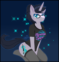 Size: 998x1040 | Tagged: safe, artist:shiiazu, oc, oc only, oc:shiiazu, anthro, unicorn, blushing, bottomless, breasts, clothes, clydesdale, colored pupils, cute, cutie mark, eyebrows, face markings, female, fluffy, glasses, kneeling, mare, music notes, paintbrush, partial nudity, ponytail, shirt, simple background, socks, solo, sparkles, t-shirt, treble clef