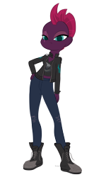 Size: 1936x3223 | Tagged: safe, artist:underwoodart, tempest shadow, equestria girls, my little pony: the movie, boots, clothes, equestria girls-ified, jacket, pants, ripped pants, shoes, simple background, solo, torn clothes, transparent background, younger