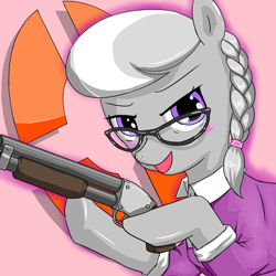 Size: 1600x1600 | Tagged: safe, artist:bauru, silver spoon, clothes, gun, hoof hold, looking at you, miss pauling, shirt, shotgun, team fortress 2, weapon