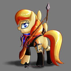 Size: 3000x3000 | Tagged: safe, alternate version, artist:katakiuchi4u, oc, oc only, pony, clothes, female, gray background, looking at you, looking back, mare, simple background, smiling, solo, spear, weapon