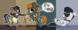 Size: 2000x773 | Tagged: safe, artist:binkyt11, derpibooru exclusive, biff, doctor caballeron, rogue (character), withers, earth pony, pony, angry, backwards cutie mark, broken glasses, censored vulgarity, chibi, ear fluff, fight, floppy ears, grawlixes, henchmen, male, newbie artist training grounds, one eye closed, restrained, scared, speech bubble, stallion, tail, tail pull