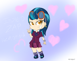 Size: 2000x1600 | Tagged: safe, artist:mildockart, indigo zap, equestria girls, friendship games, chibi, clothes, crystal prep academy uniform, goggles, heart, one eye closed, peace sign, school uniform, smiling, solo, wink