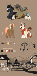 Size: 4397x8864 | Tagged: safe, artist:vindhov, oc, oc only, oc:cornflower, oc:morning dew, horse, pony, absurd resolution, blaze (coat marking), brown background, clydesdale, female, headcanon, male, mare, maypole, piebald colouring, prone, simple background, socks (coat marking), stallion, village