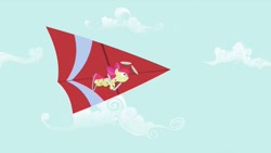 Size: 993x559 | Tagged: safe, screencap, apple bloom, the cutie pox, cutie pox, frown, hang glider, hang gliding, plate spinning