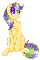 Size: 1299x1949 | Tagged: safe, artist:sketchyhowl, oc, oc only, oc:purple pansy, earth pony, pony, female, flower, flower in hair, mare, simple background, sitting, solo, transparent background