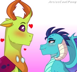 Size: 923x865 | Tagged: safe, artist:artistcoolpony, dragon lord ember, princess ember, thorax, changedling, changeling, dragon, triple threat, blushing, embrax, female, heart, interspecies, king thorax, male, shipping, straight