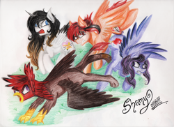 Size: 3510x2550 | Tagged: safe, artist:shamy-crist, oc, oc only, oc:jack pie, oc:scarlet letter, oc:shamy, alicorn, griffon, pegasus, pony, derp, female, high res, mare, pony town, traditional art