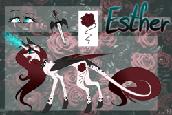 Size: 1024x683 | Tagged: safe, artist:ravenia-morelli, oc, oc only, oc:esther, alicorn, alicorn oc, dagger, leonine tail, red and black oc, reference sheet, solo, weapon