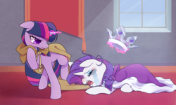 Size: 1280x768 | Tagged: safe, artist:kkmrarar, clover the clever, princess platinum, rarity, twilight sparkle, pony, unicorn, clothes, crown, crying, duo, eyes closed, female, floppy ears, glowing horn, jewelry, levitation, lying down, magic, magic aura, mare, marshmelodrama, messy mane, open mouth, raised hoof, regalia, telekinesis