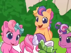 Size: 426x320 | Tagged: safe, screencap, cheerilee (g3), pinkie pie (g3), scootaloo (g3), sweetie belle (g3), g3.5, newborn cuties, over two rainbows