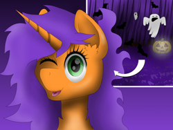 Size: 1024x768 | Tagged: safe, artist:zeronitroman, oc, oc only, oc:pumpkin spice, bat, ghost, unicorn, female, halloween, holiday, jack-o-lantern, mane, messy mane, one eye closed, pumpkin, solo, tongue out, wink, zoomed in