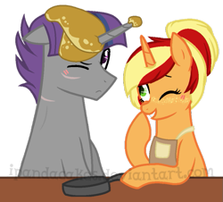 Size: 719x650 | Tagged: safe, artist:ipandacakes, oc, oc only, oc:apple spritz, oc:crescendo, pony, base used, female, food, horn impalement, laughing, male, mare, offspring, pancakes, parent:applejack, parent:flim, parent:shadow lock, parent:twilight sparkle, parents:flimjack, simple background, stallion, transparent background, watermark