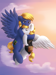 Size: 3366x4548 | Tagged: safe, artist:spirit-dude, oc, oc only, oc:cutting chipset, pegasus, pony, absurd resolution, cloud, commission, crying, flying, hug, open mouth, sky, smiling, tears of joy