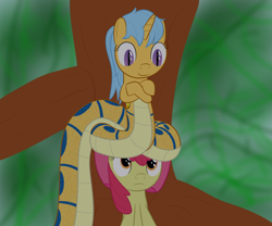 Size: 1200x1000 | Tagged: safe, artist:mightyshockwave, apple bloom, oc, oc:topaz radiant, lamia, original species, snake pony, coils, crossed arms, female, filly, slit eyes, tree