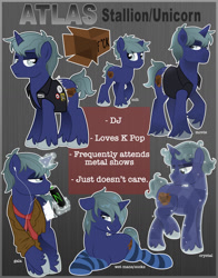 Size: 1024x1303 | Tagged: safe, artist:lostinthetrees, oc, oc only, oc:atlas, pony, unicorn, clothes, colt, magic, male, necktie, reference sheet, solo, stallion, vest